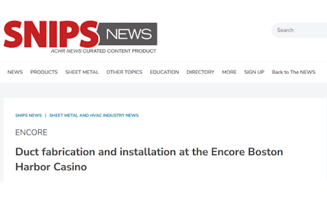 cover image for news article Duct fabrication and installation at the Encore Boston Harbor Casino