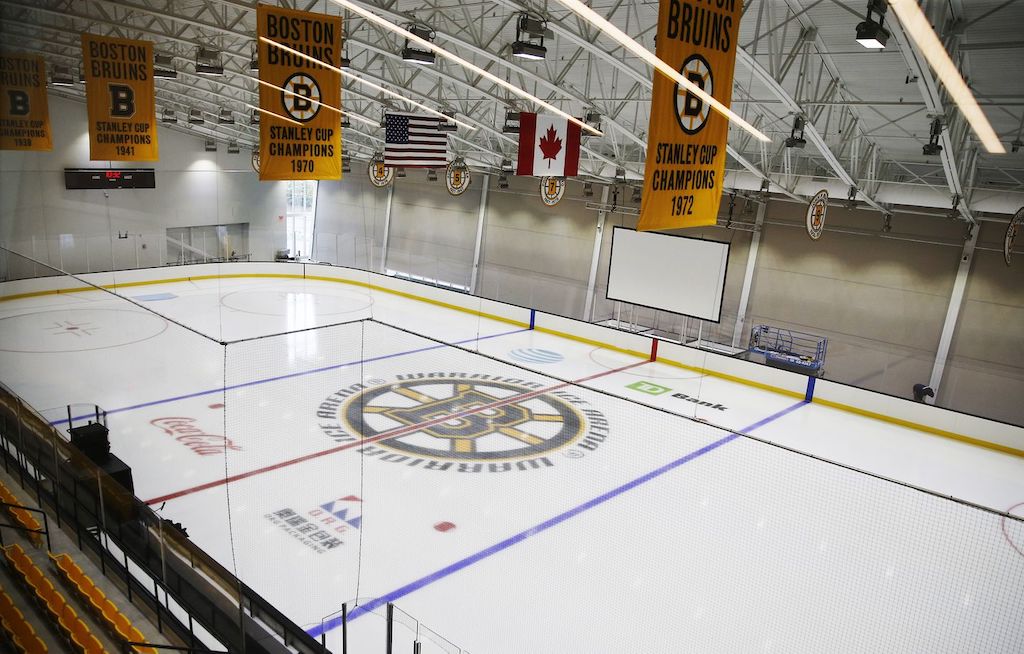 overlooking ice rink with bruins logo in center