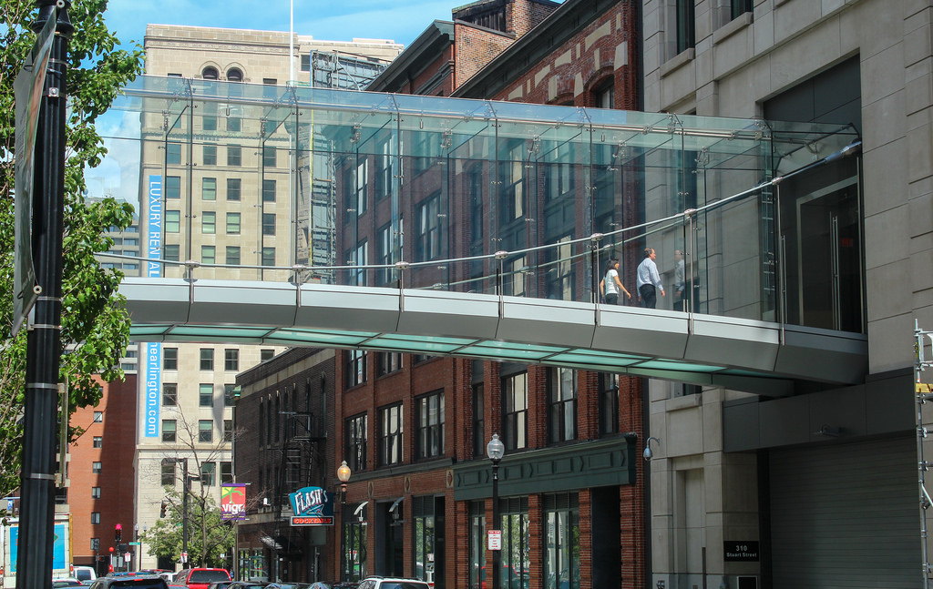 sidewalk overpass to liberty mutual headquarters in boston